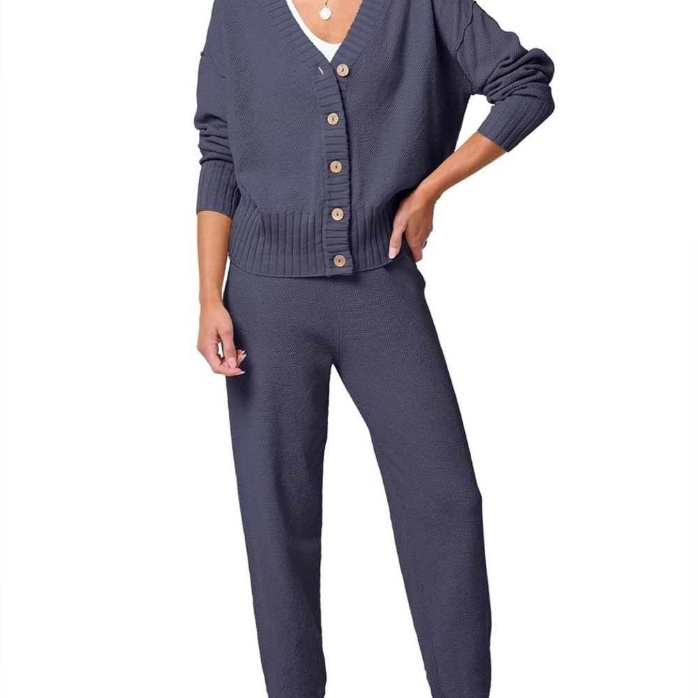 Stylish Navy Blue Knit Cardigan and Pants Set